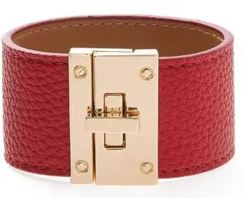 Red leather bracelet with large gold tone buckle