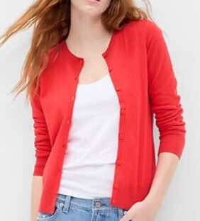 Women wearing GAP tomato red cardigan