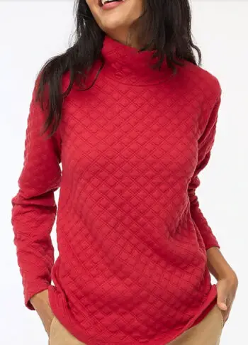 Red quilted turtleneck sweatshirt