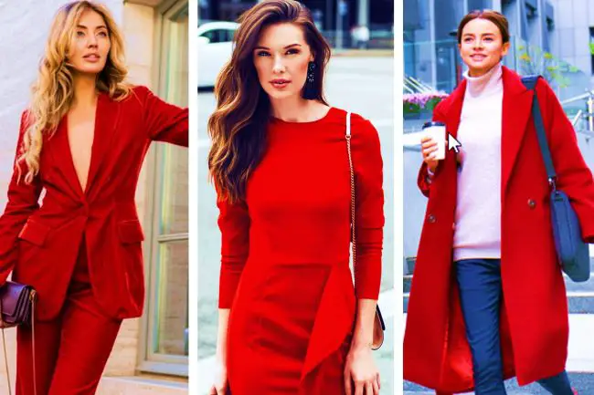 Three women wearing red outfits