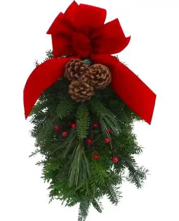 Swag of evergreens with red ribbon