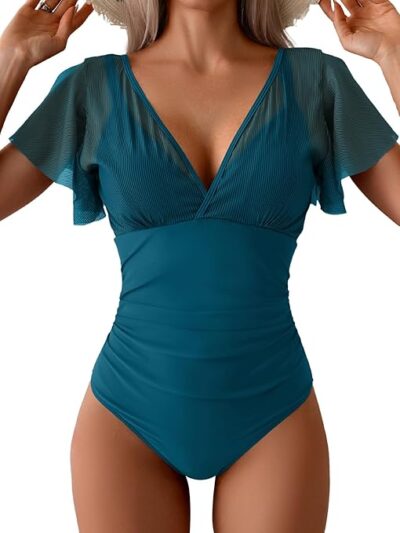 Mesh ruffle sleeve swimsuit for women over 60