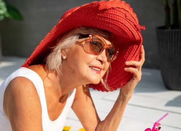 Senior woman in red hat end of summer