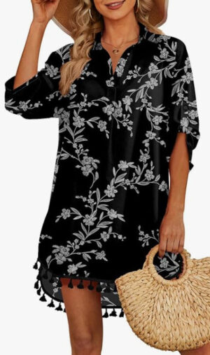 Black beach coverup with white flower pattern