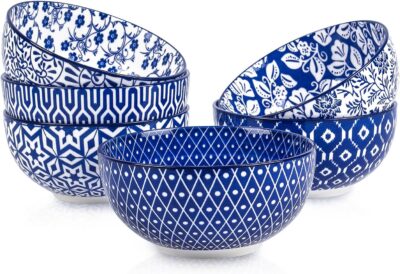 Cereal bowls in a variety of blue and white patterns