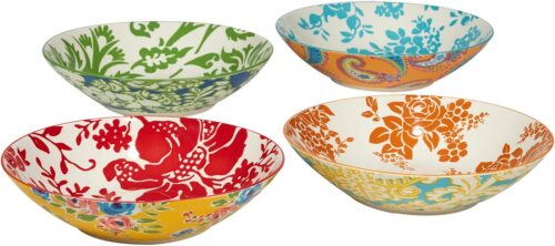 Colorful pasta soup bowls in damask floral pattern