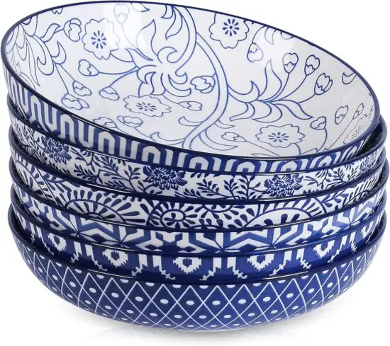Patterned soup and pasta bowls in blue and white