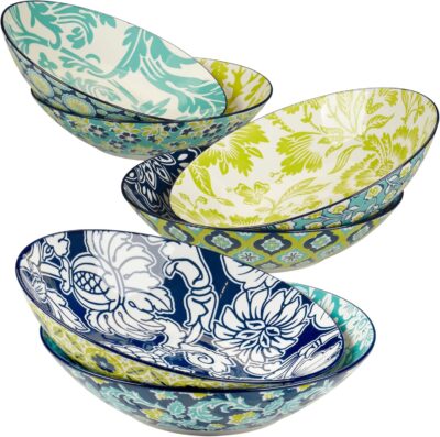 Patterned soup or salad bowls in blues and greens