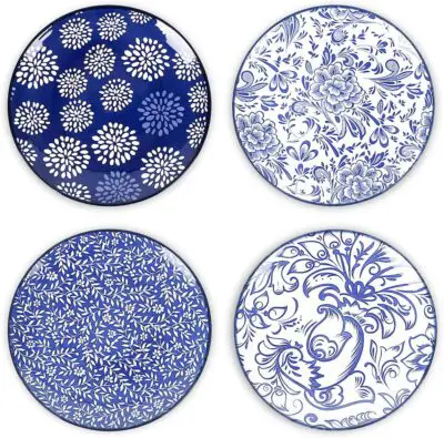 Set of 4 blue and white patterned appetizer plates