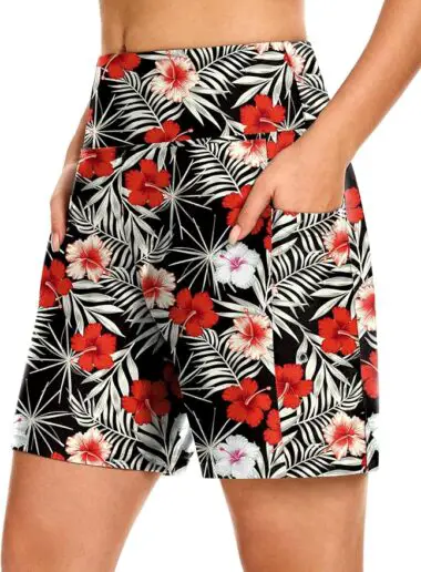 7-inch swim shorts in read and black pattern for women over 60
