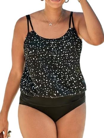 Black and white blouson tankini for plus size women over 60