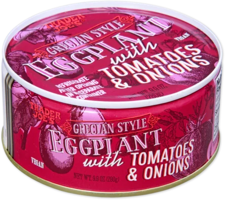 Can of Trader Joe's Mediterranean eggplant tomatoes onions