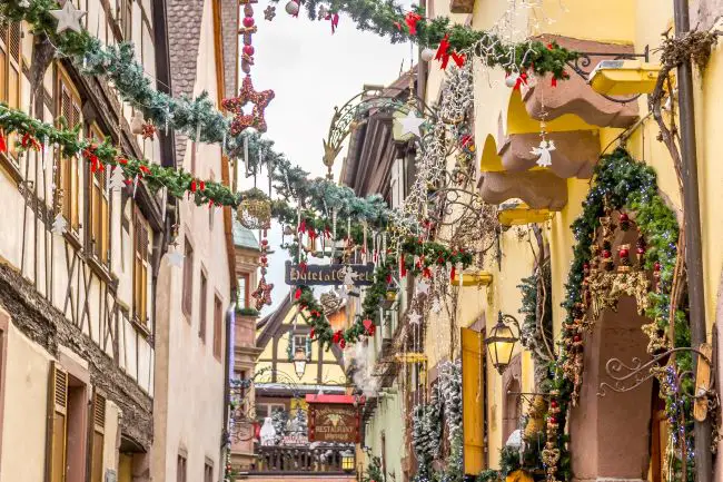 Street in Riquewihr Alsace with Christmas decorations