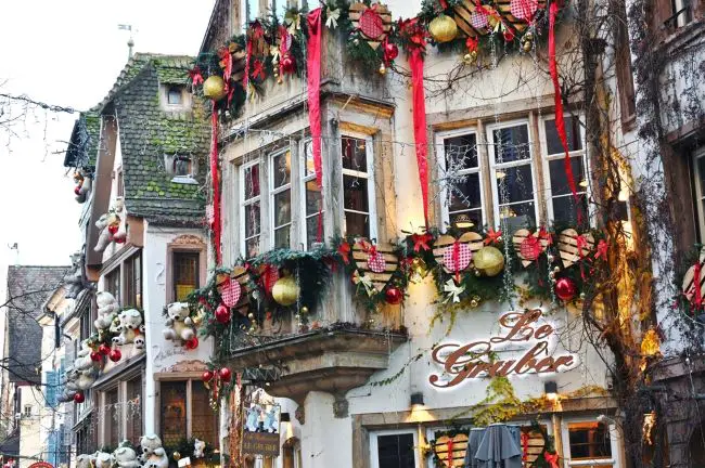 Alsace Strasbourg buildings decorated for Chistmas